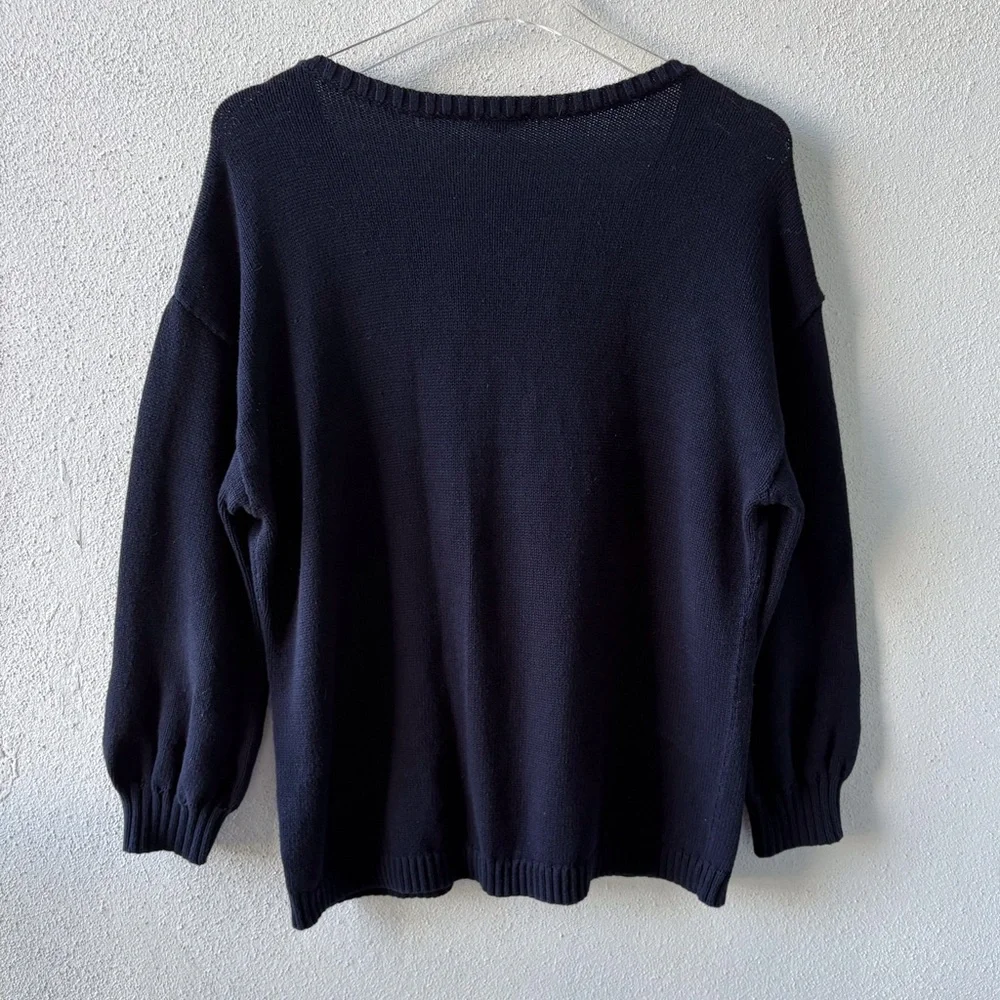 Talbots Plus Navy Lace Up Sweater Size 1X Bishop Sleeve Ribbed Hem Nautical Boat